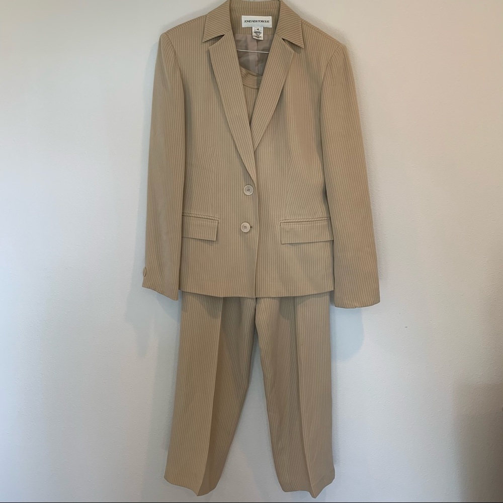 Tan, pin stripe pant suit, blazer, trousers